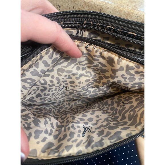 GUESS Signature Logo Satchel Handbag Brown Black Monogram Double Handle Purse - Picture 5 of 14